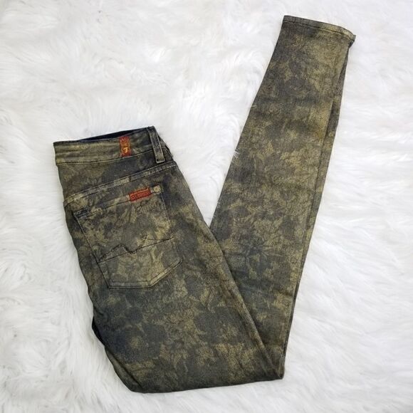 7FAM 7 For All Mankind Womens Size 27 Floral Print Skinny Jeans in Gold Metallic - Picture 6 of 7
